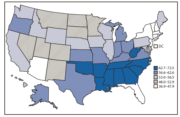 The figure shows age-adjusted death rates from stroke for persons aged ≥18 years in the United States during 2007–2009. During 2007–2009, the age-adjusted death rate from stroke in the United States among persons aged ≥18 years was 54.6 per 100,000 population. Among states, the rate ranged from 36.9 deaths per 100,000 population in New York to 72.5 in Alabama. In general, death rates were higher among states in the South and lower among states in the Northeast census regions. 